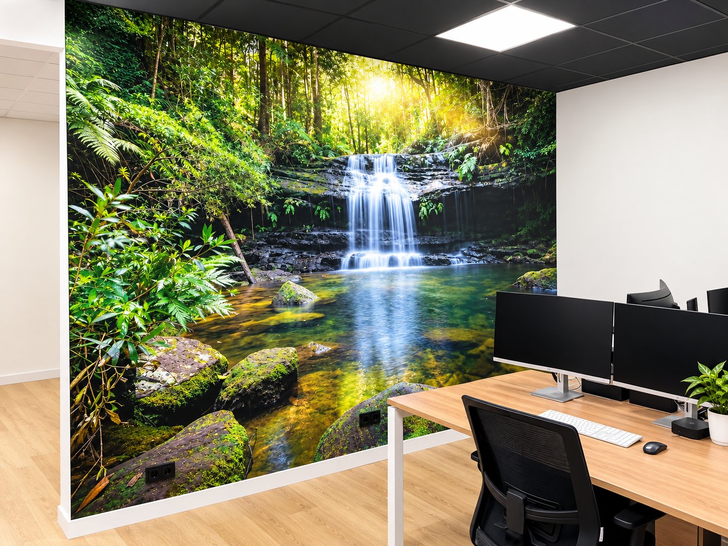 Kantoor HB Composite met wand in Aqua Composite Digi-panels, decor Forest Waterfall