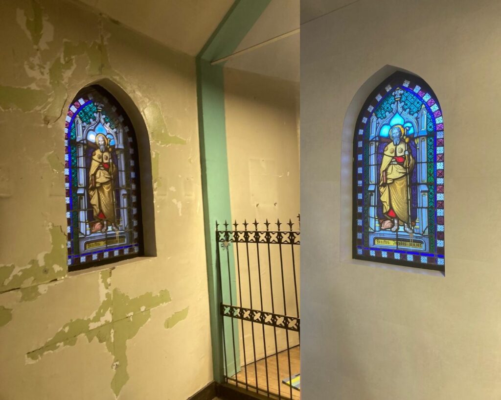 Kapel voor en na renovatie met Aqua Composite Panels
